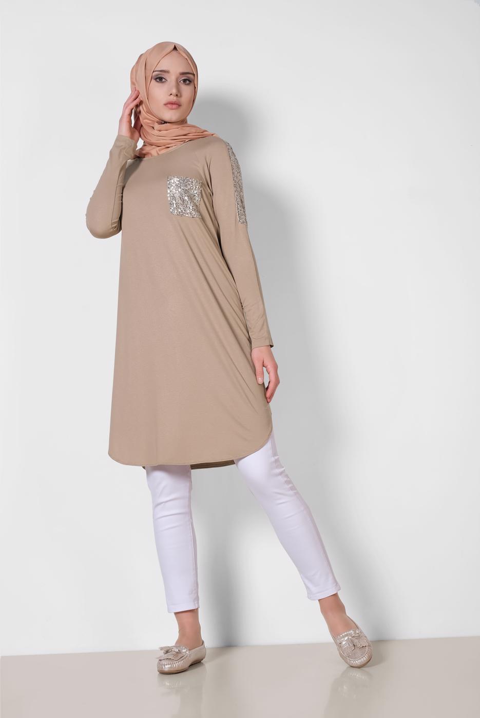 Tesettür giyim BEJ ALVİNA PUL İŞLEMELİ TUNİK 4179