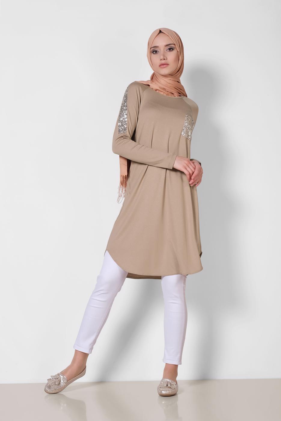 Tesettür giyim BEJ ALVİNA PUL İŞLEMELİ TUNİK 4179