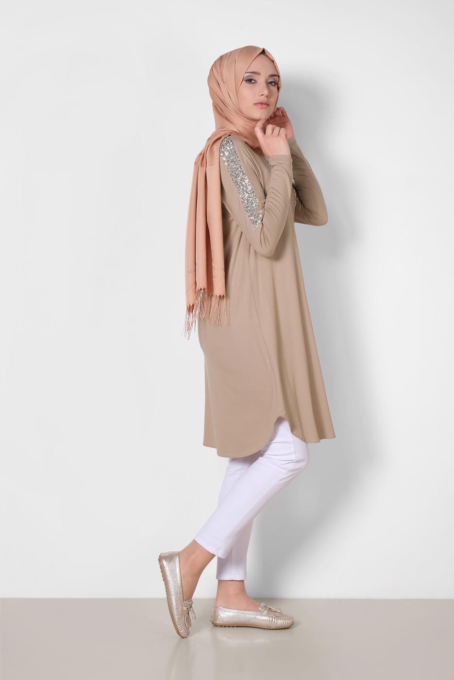 Tesettür giyim BEJ ALVİNA PUL İŞLEMELİ TUNİK 4179