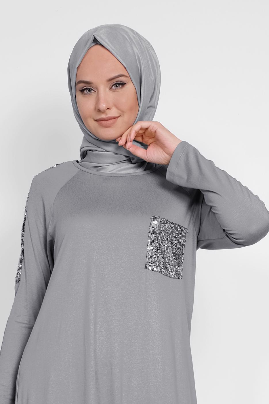 Tesettür giyim GRİ ALVİNA PUL İŞLEMELİ TUNİK 4179