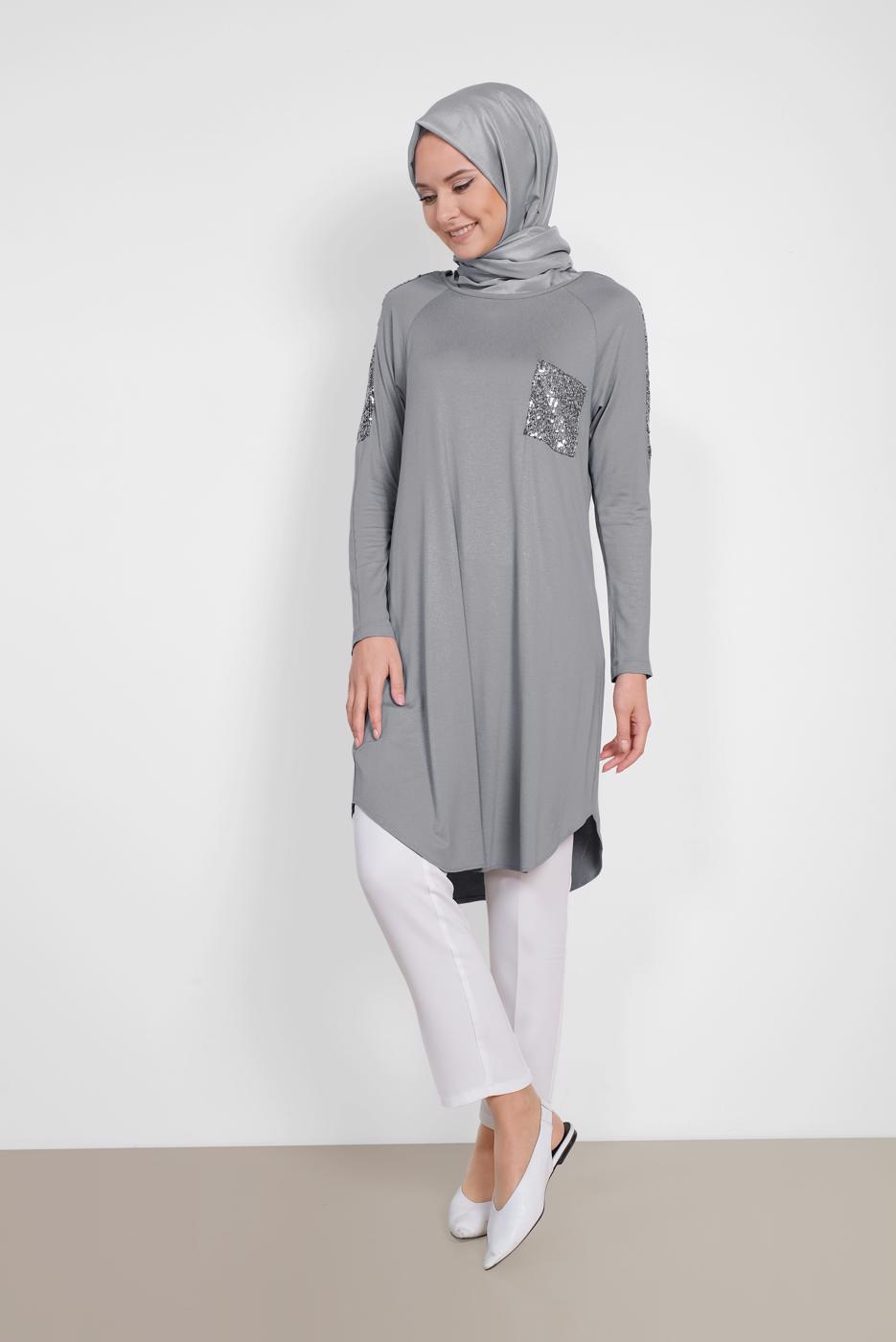 Tesettür giyim GRİ ALVİNA PUL İŞLEMELİ TUNİK 4179