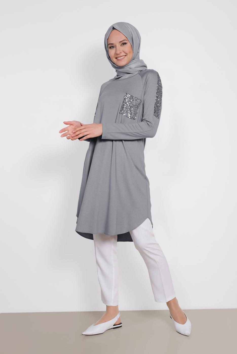 Tesettür giyim GRİ ALVİNA PUL İŞLEMELİ TUNİK 4179