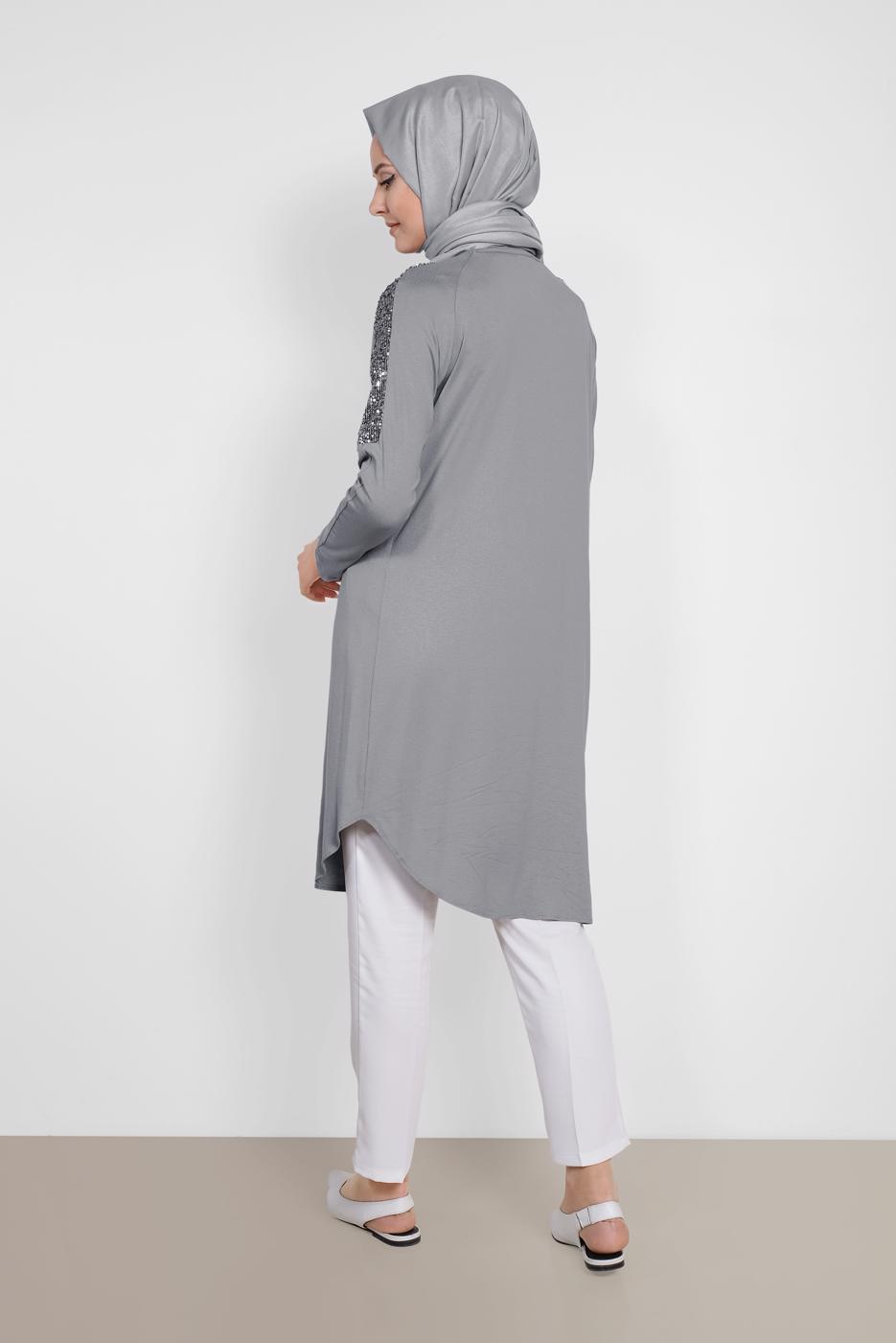 Tesettür giyim GRİ ALVİNA PUL İŞLEMELİ TUNİK 4179
