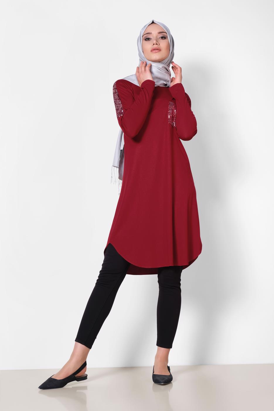 Tesettür giyim BORDO ALVİNA PUL İŞLEMELİ TUNİK 4179