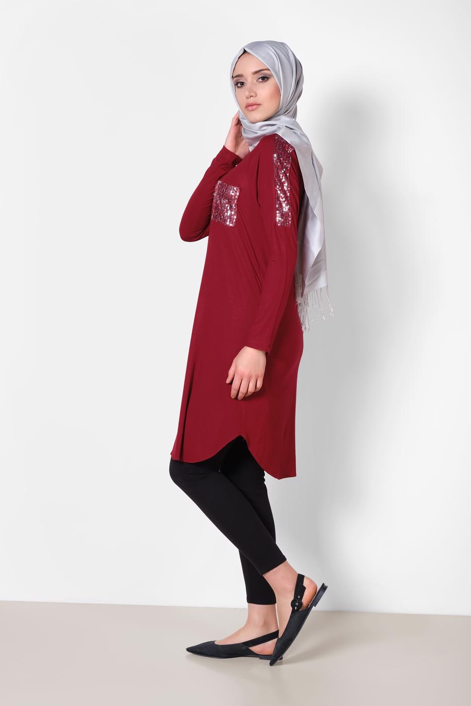 Tesettür giyim BORDO ALVİNA PUL İŞLEMELİ TUNİK 4179