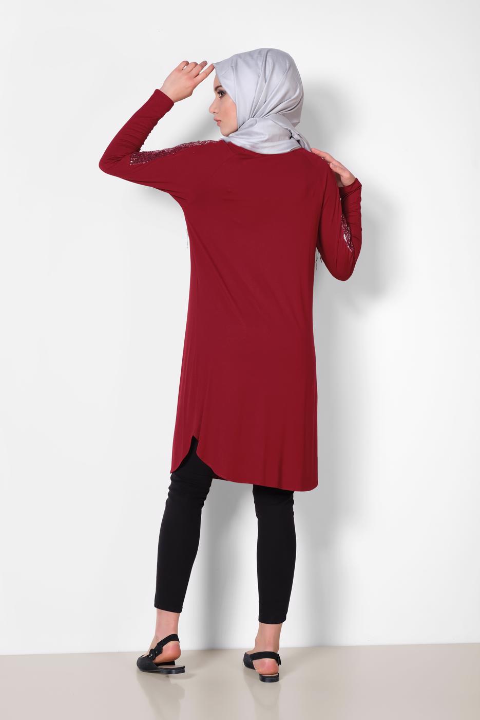 Tesettür giyim BORDO ALVİNA PUL İŞLEMELİ TUNİK 4179