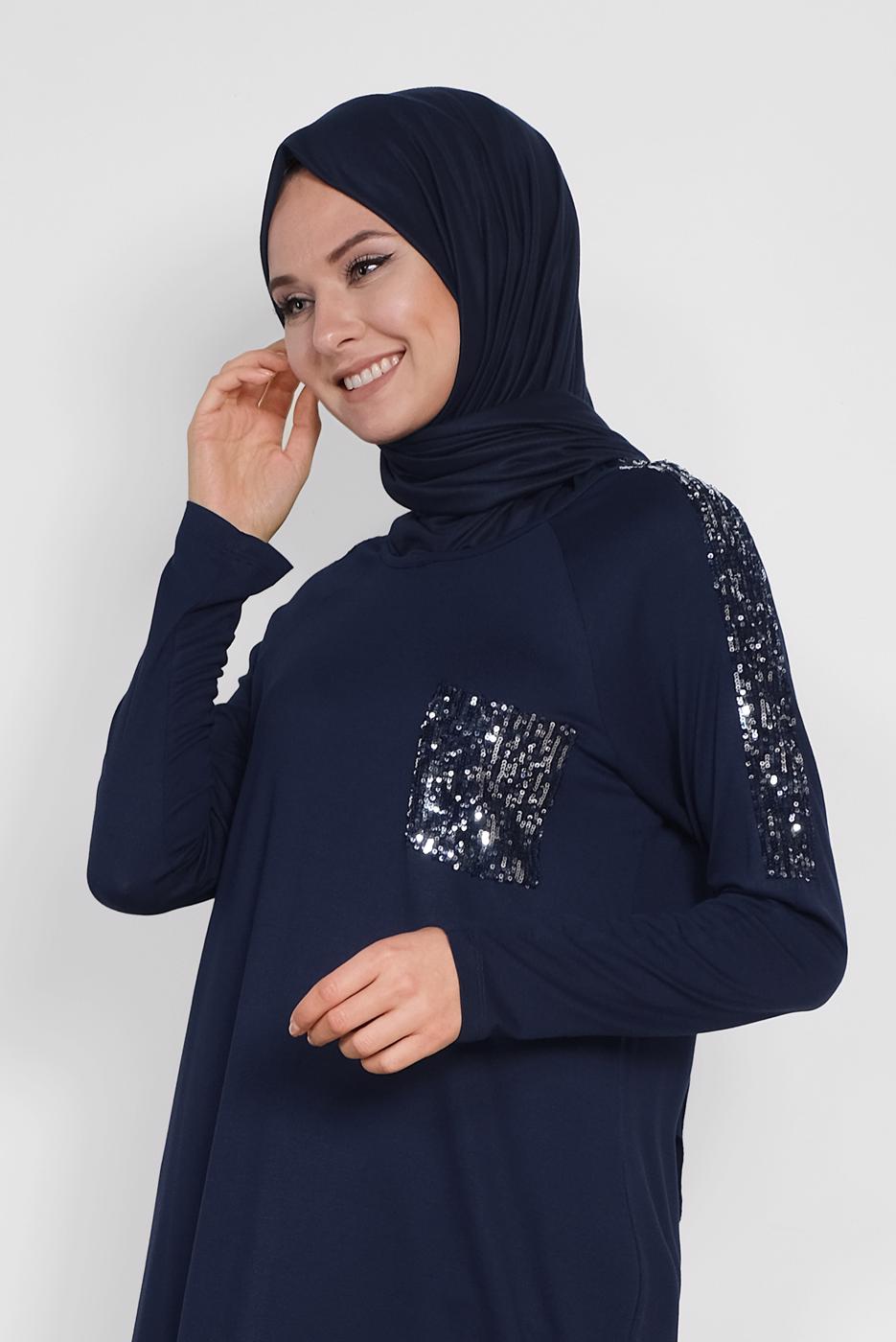 Tesettür giyim LACİVERT ALVİNA PUL İŞLEMELİ TUNİK 4179