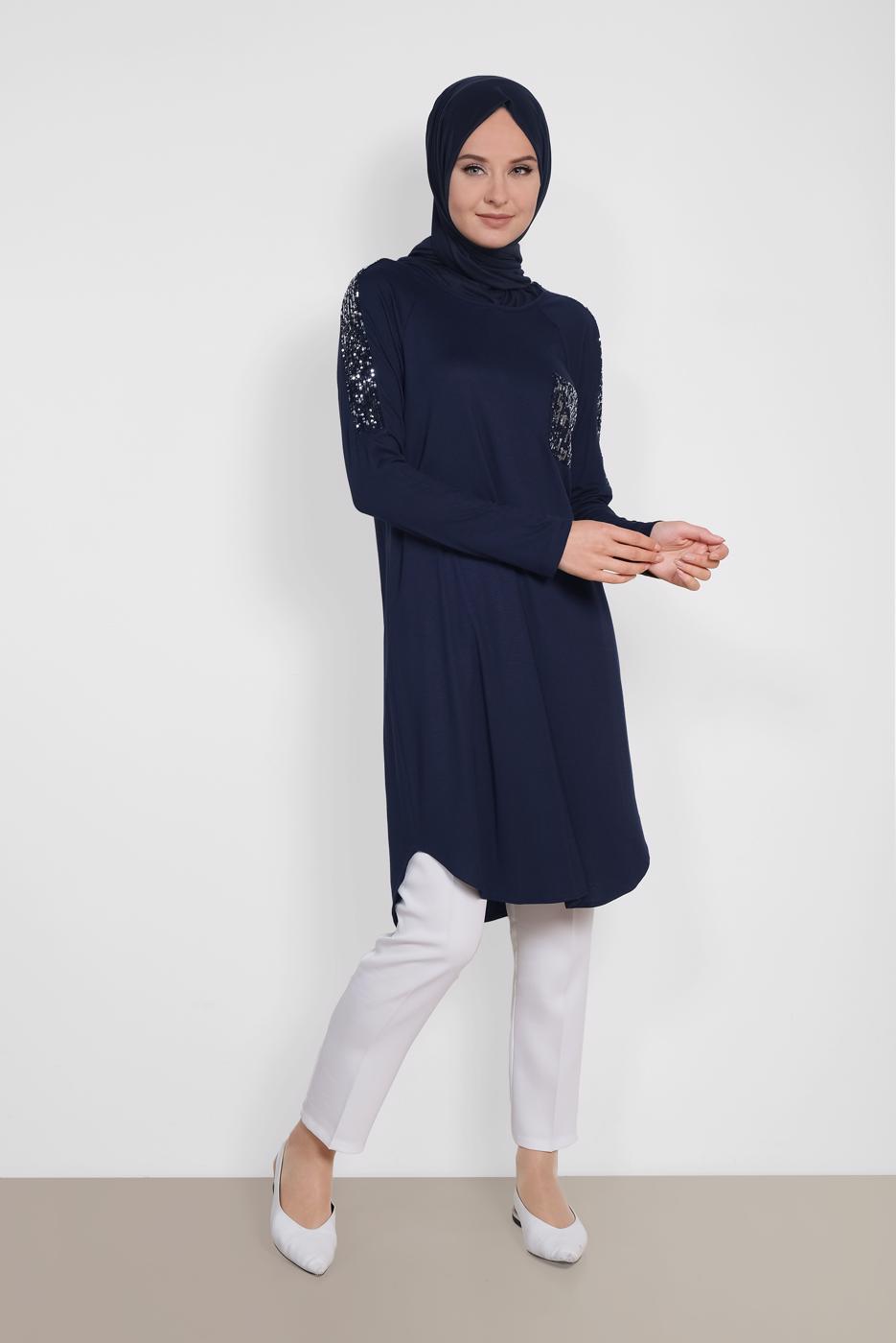 Tesettür giyim LACİVERT ALVİNA PUL İŞLEMELİ TUNİK 4179