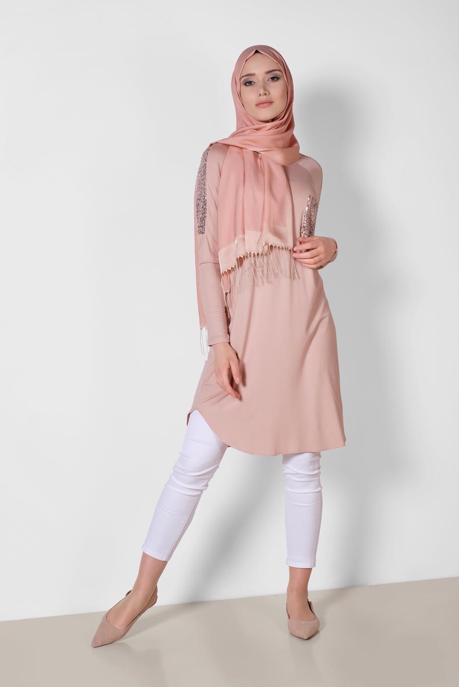Tesettür giyim PUDRA ALVİNA PUL İŞLEMELİ TUNİK 4179