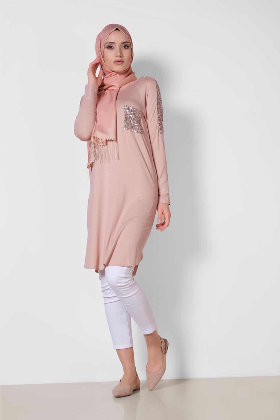 Tesettür giyim PUDRA ALVİNA PUL İŞLEMELİ TUNİK 4179