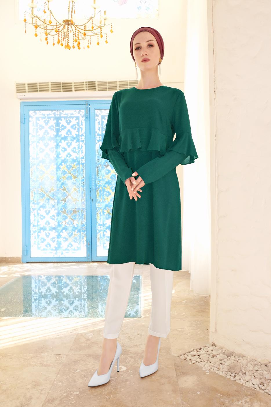 Tesettür giyim YEŞİL ALVİNA FIRFIRLI TUNİK 4180