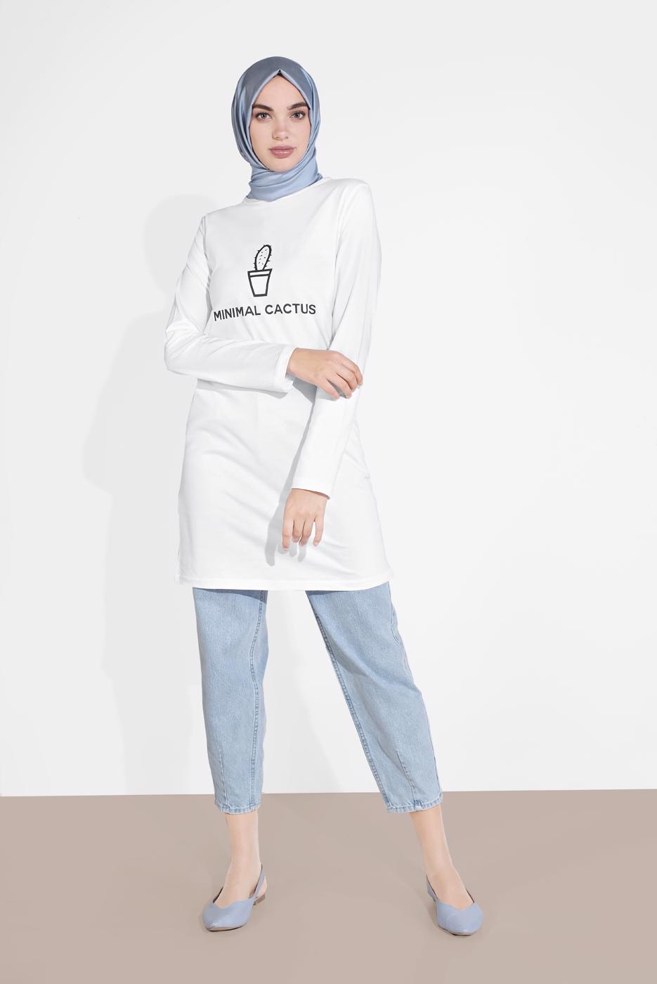 Tesettür giyim BEYAZ KAKTÜS BASKILI TUNİK 4207