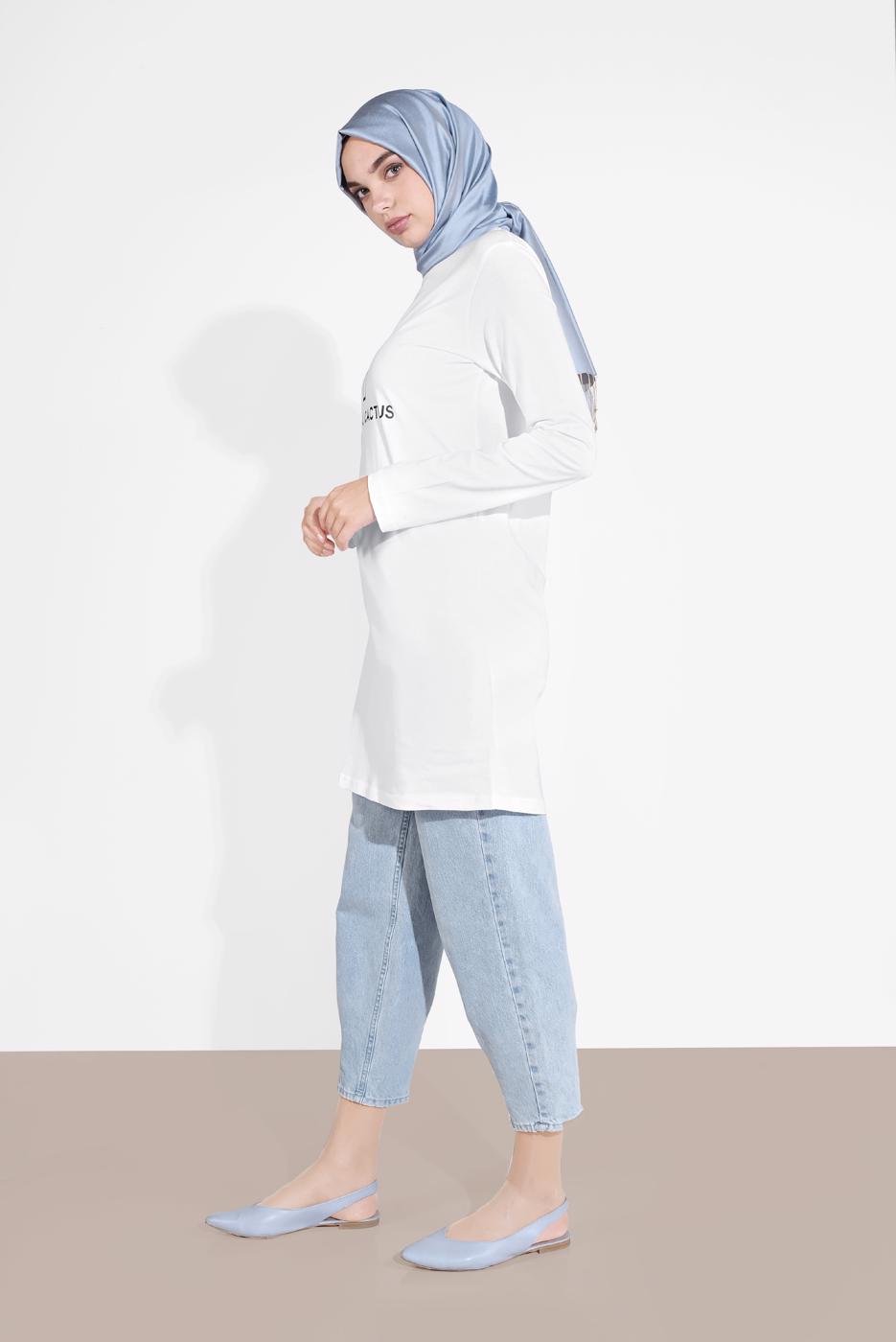 Tesettür giyim BEYAZ KAKTÜS BASKILI TUNİK 4207