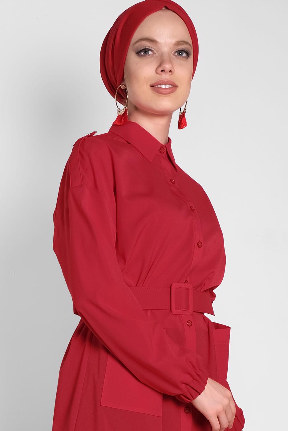 Tesettür giyim KIRMIZI ALVİNA BOYDAN DÜĞMELİ ERKEK YAKA TUNİK 4243 