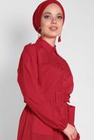 Tesettür giyim KIRMIZI ALVİNA BOYDAN DÜĞMELİ ERKEK YAKA TUNİK 4243 