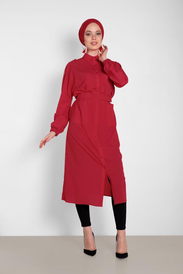 Tesettür giyim  ALVİNA BOYDAN DÜĞMELİ ERKEK YAKA TUNİK 4243  - TRENDTESETTÜR