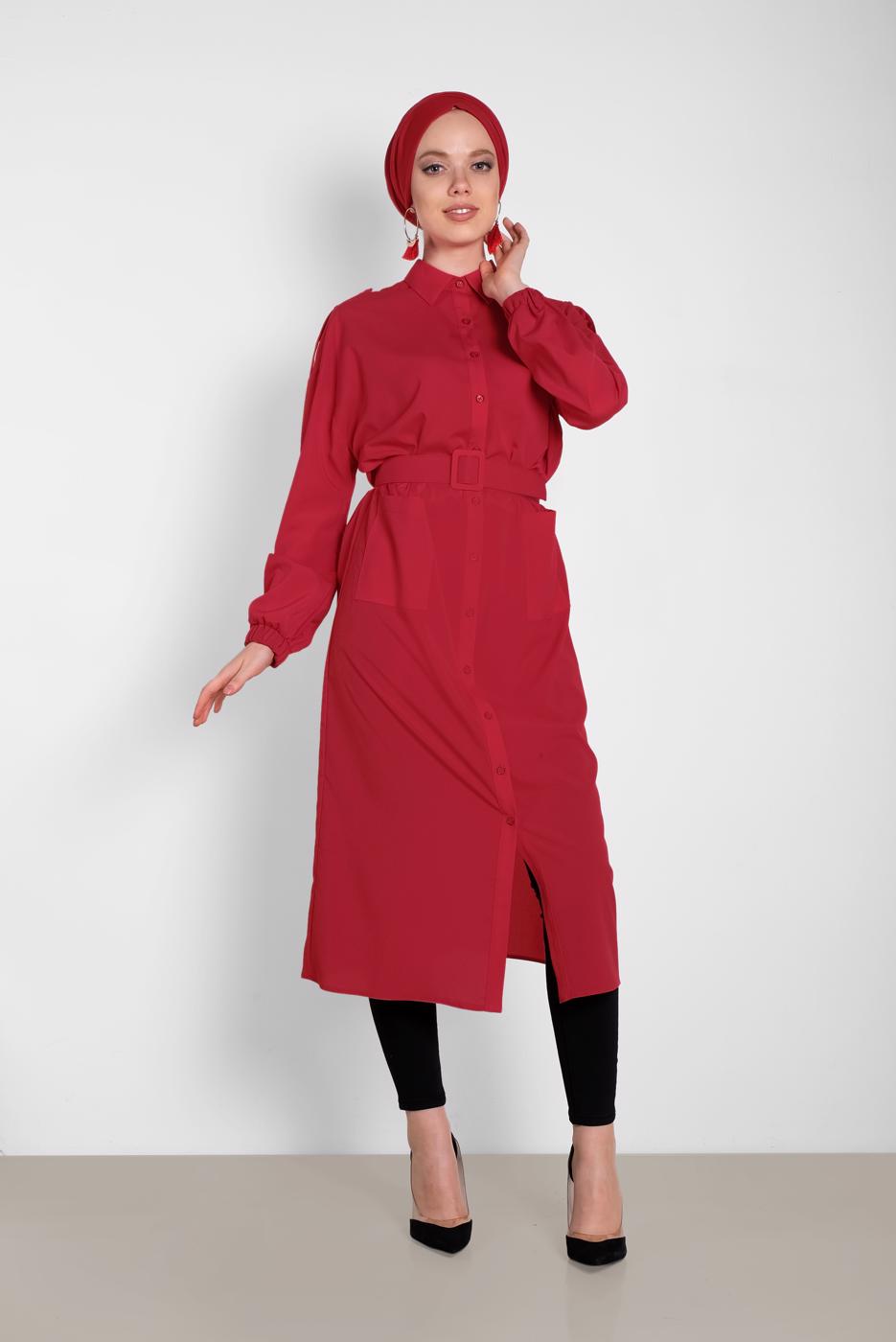 Tesettür giyim KIRMIZI ALVİNA BOYDAN DÜĞMELİ ERKEK YAKA TUNİK 4243 