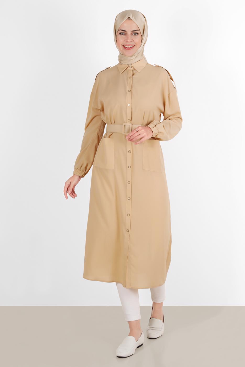 Tesettür giyim KAHVE ALVİNA BOYDAN DÜĞMELİ ERKEK YAKA TUNİK 4243 