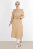 Tesettür giyim KAHVE ALVİNA BOYDAN DÜĞMELİ ERKEK YAKA TUNİK 4243 