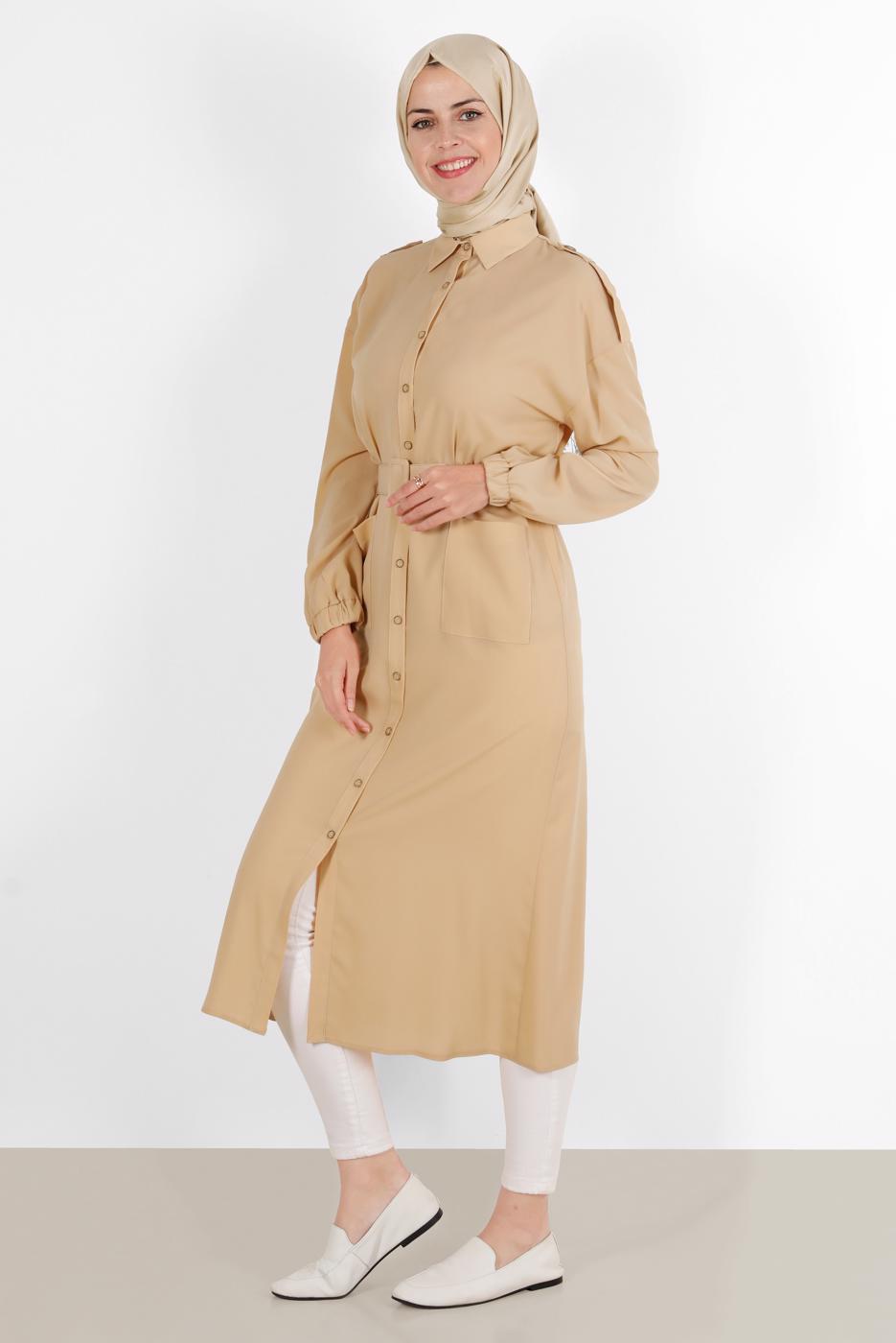 Tesettür giyim KAHVE ALVİNA BOYDAN DÜĞMELİ ERKEK YAKA TUNİK 4243 