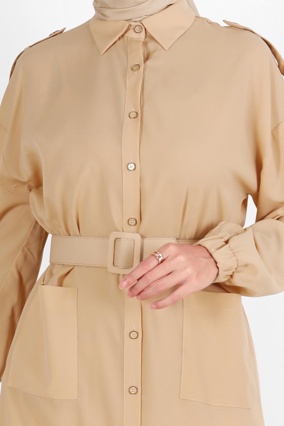 Tesettür giyim KAHVE ALVİNA BOYDAN DÜĞMELİ ERKEK YAKA TUNİK 4243 