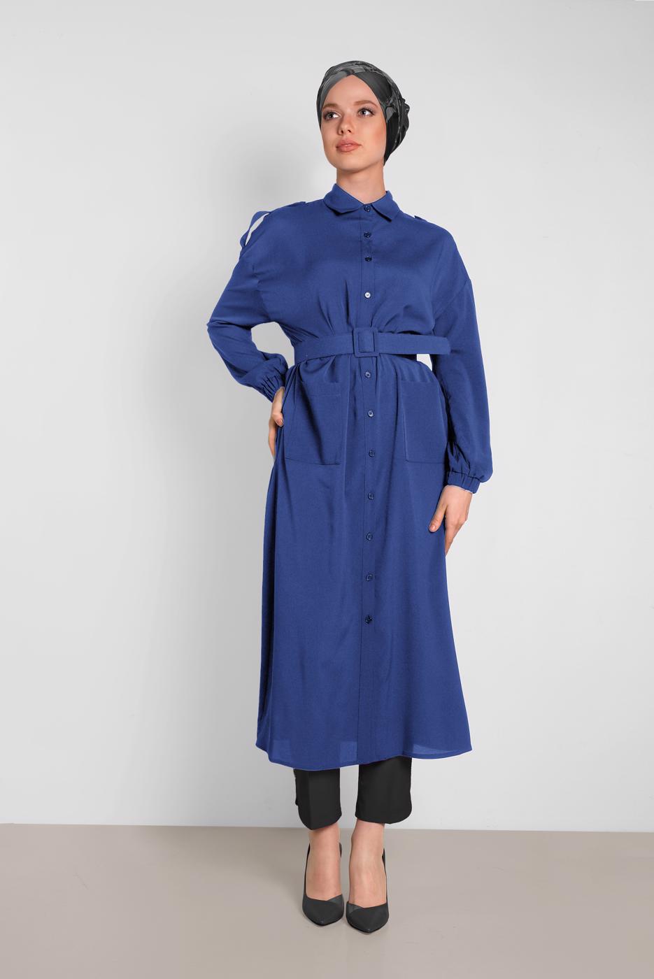 Tesettür giyim LACİVERT ALVİNA BOYDAN DÜĞMELİ ERKEK YAKA TUNİK 4243 