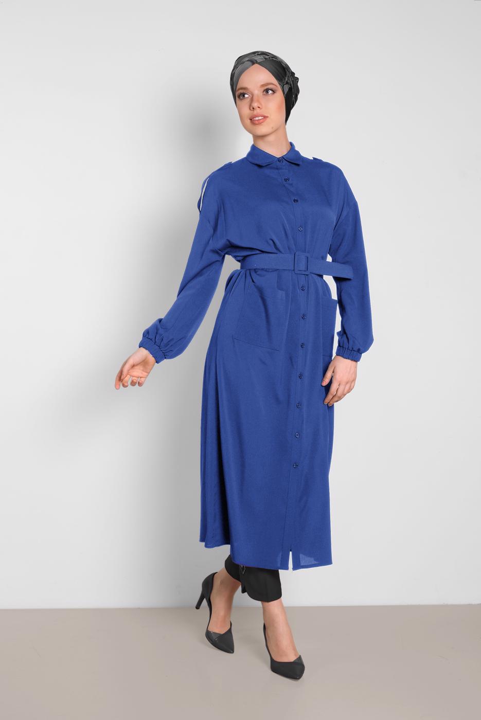 Tesettür giyim LACİVERT ALVİNA BOYDAN DÜĞMELİ ERKEK YAKA TUNİK 4243 