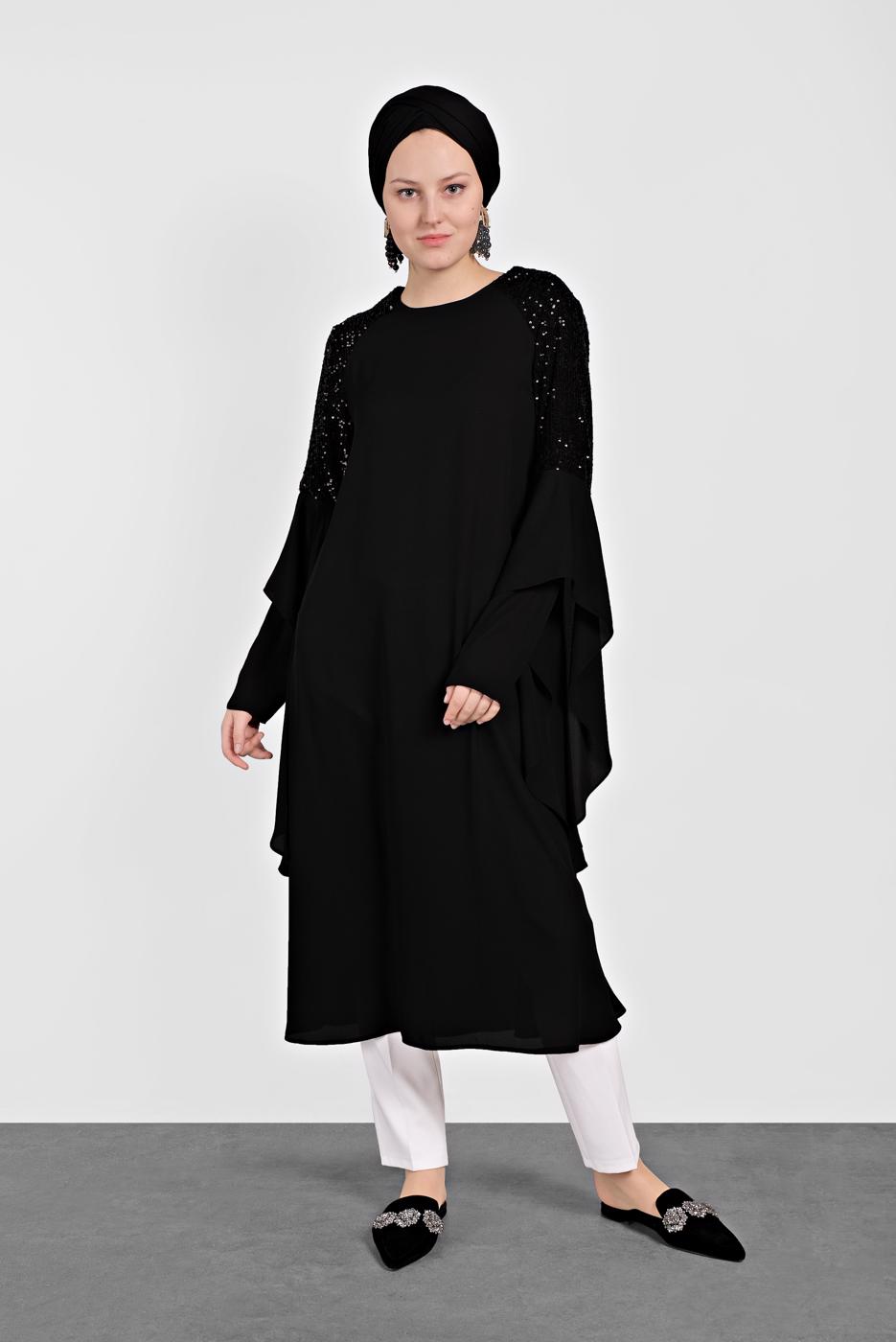 Tesettür giyim SİYAH ALVİNA OMUZ KISMI PUL İŞLEMELİ ŞİFON TUNİK 4254