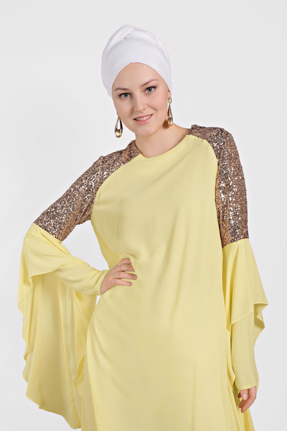 Tesettür giyim SARI ALVİNA OMUZ KISMI PUL İŞLEMELİ ŞİFON TUNİK 4254