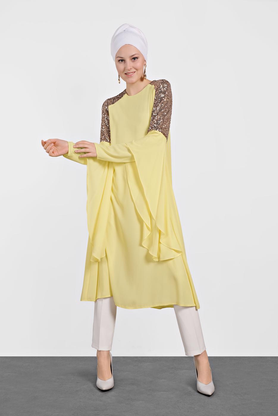 Tesettür giyim SARI ALVİNA OMUZ KISMI PUL İŞLEMELİ ŞİFON TUNİK 4254