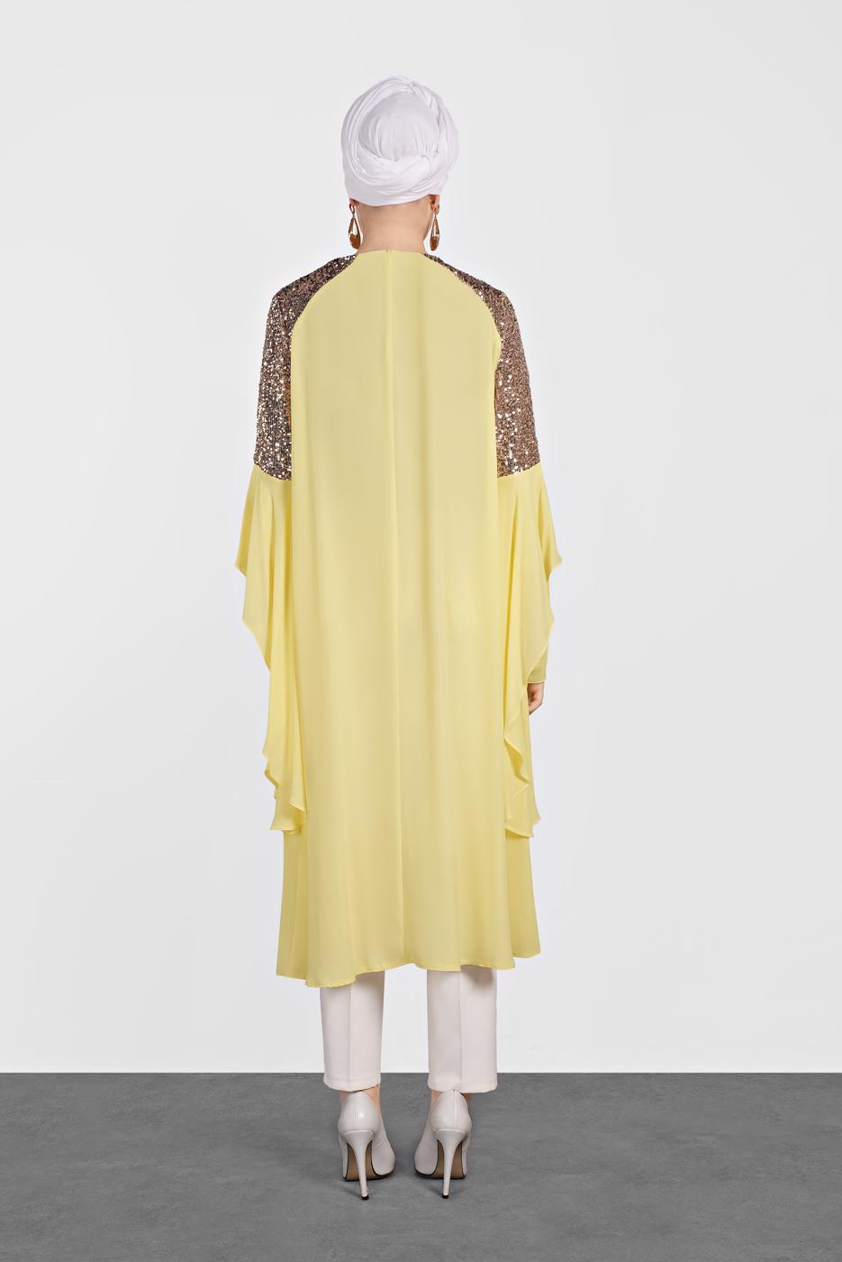 Tesettür giyim SARI ALVİNA OMUZ KISMI PUL İŞLEMELİ ŞİFON TUNİK 4254