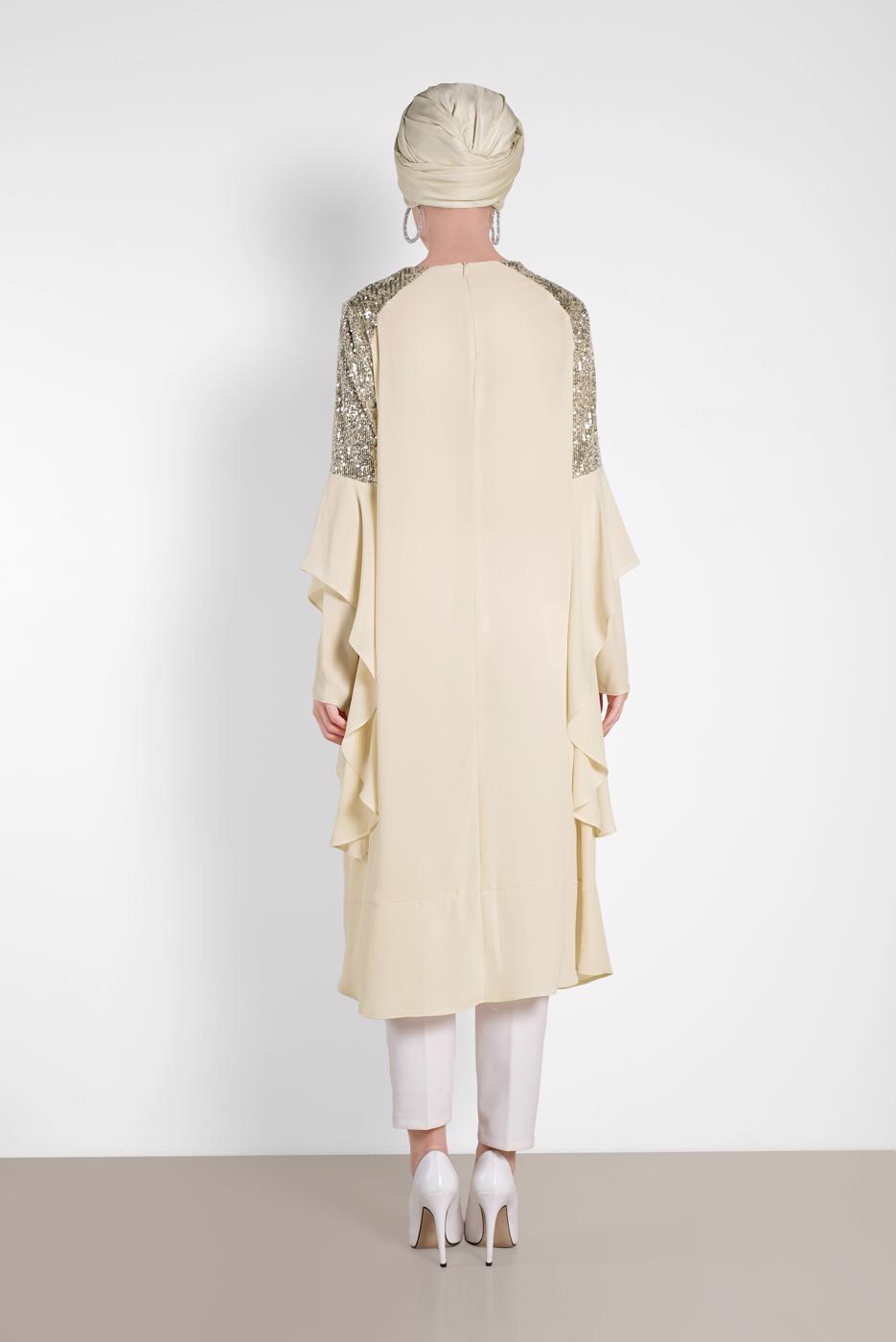 Tesettür giyim BEJ ALVİNA OMUZ KISMI PUL İŞLEMELİ ŞİFON TUNİK 4254