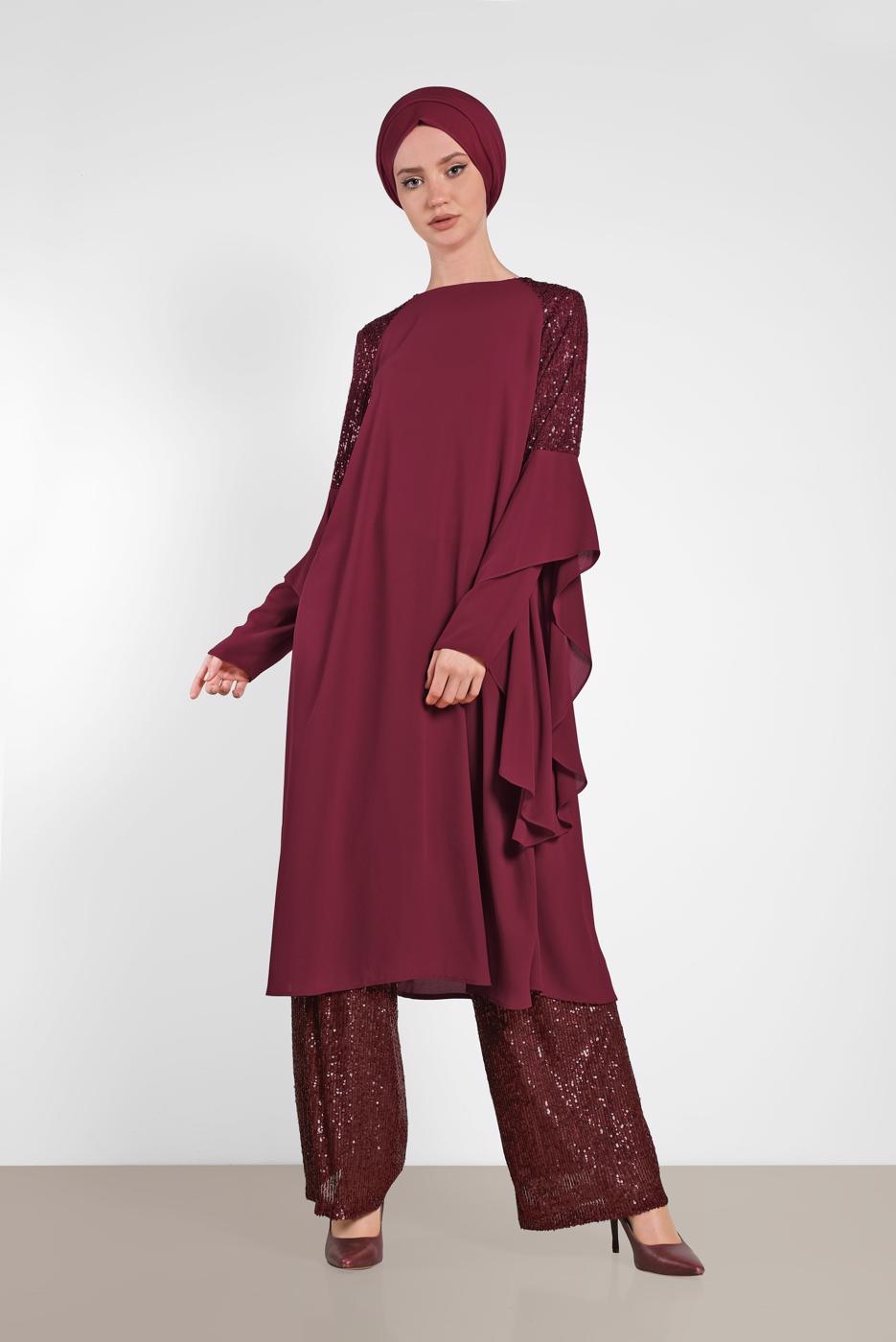 Tesettür giyim BORDO ALVİNA OMUZ KISMI PUL İŞLEMELİ ŞİFON TUNİK 4254
