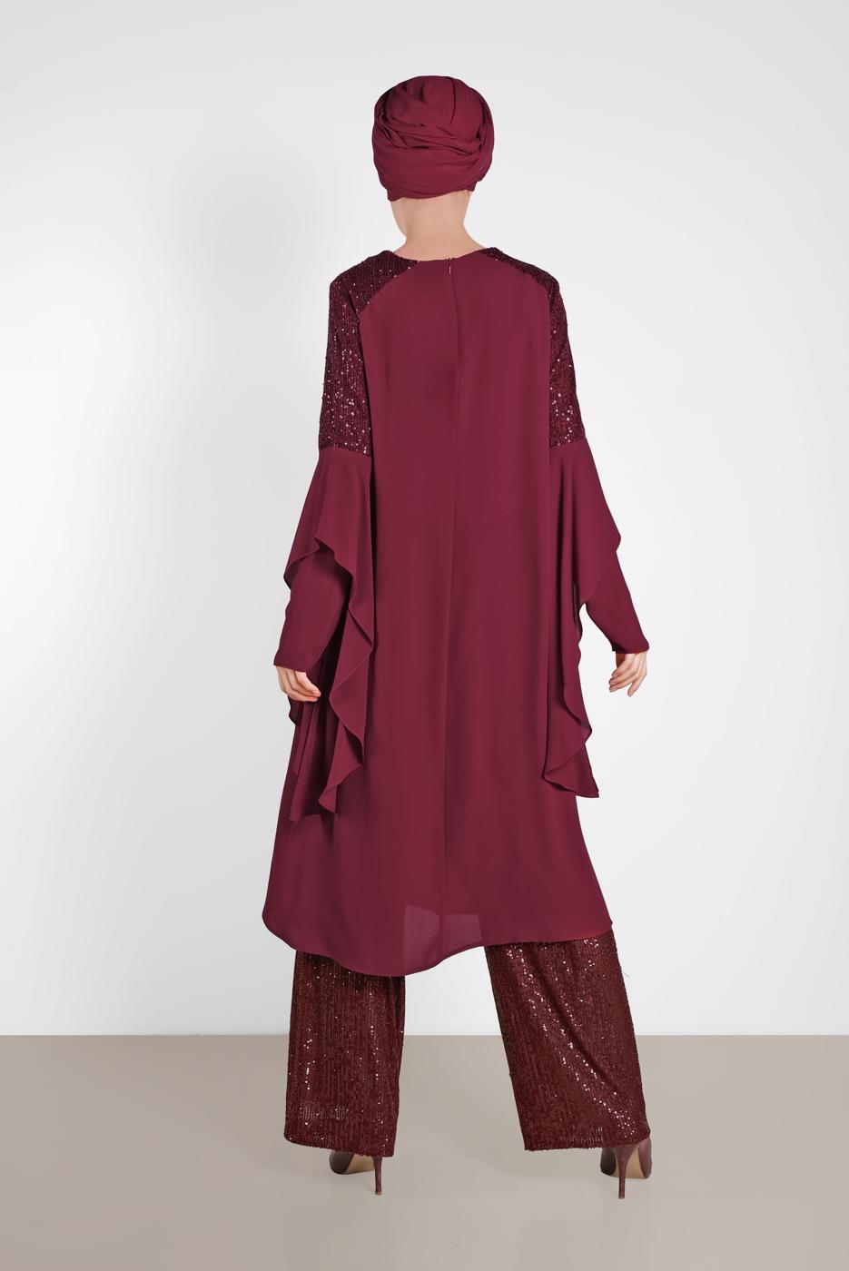 Tesettür giyim BORDO ALVİNA OMUZ KISMI PUL İŞLEMELİ ŞİFON TUNİK 4254