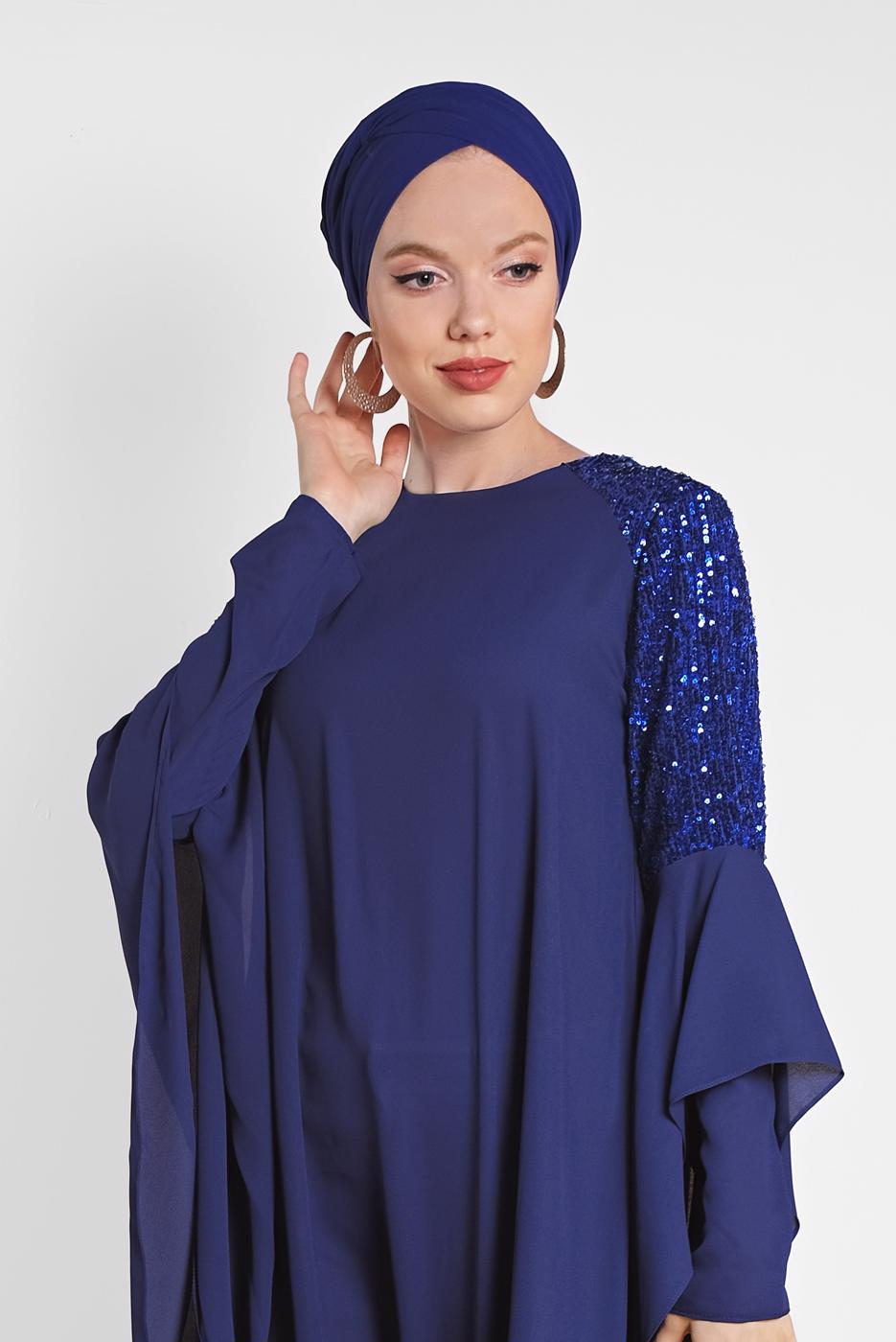 Tesettür giyim LACİVERT ALVİNA OMUZ KISMI PUL İŞLEMELİ ŞİFON TUNİK 4254