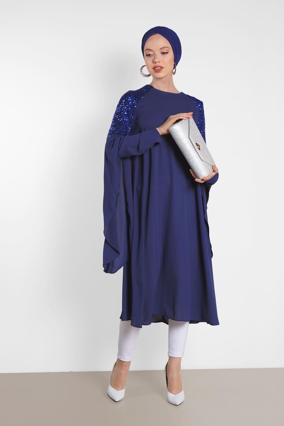 Tesettür giyim LACİVERT ALVİNA OMUZ KISMI PUL İŞLEMELİ ŞİFON TUNİK 4254