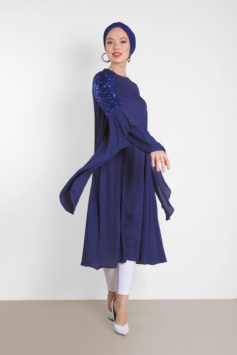 Tesettür giyim LACİVERT ALVİNA OMUZ KISMI PUL İŞLEMELİ ŞİFON TUNİK 4254