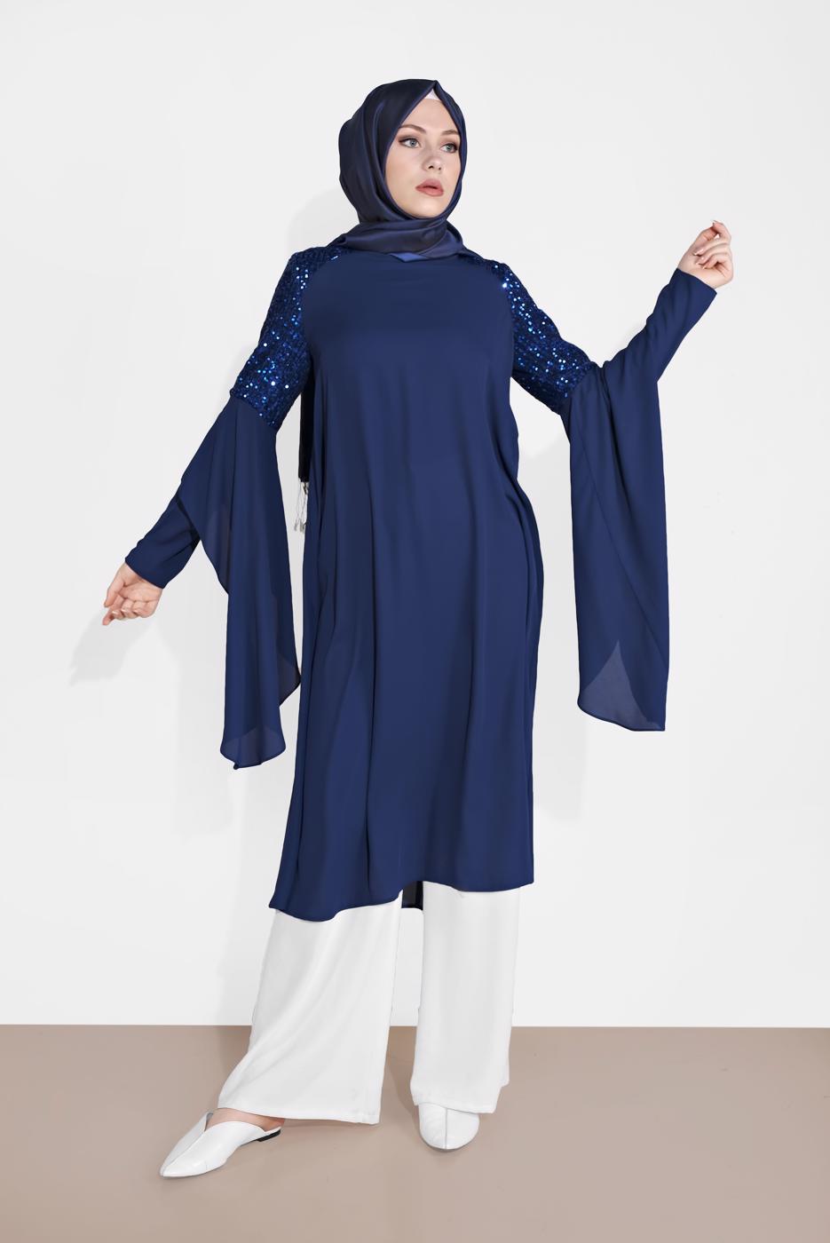 Tesettür giyim LACİVERT ALVİNA OMUZ KISMI PUL İŞLEMELİ ŞİFON TUNİK 4254