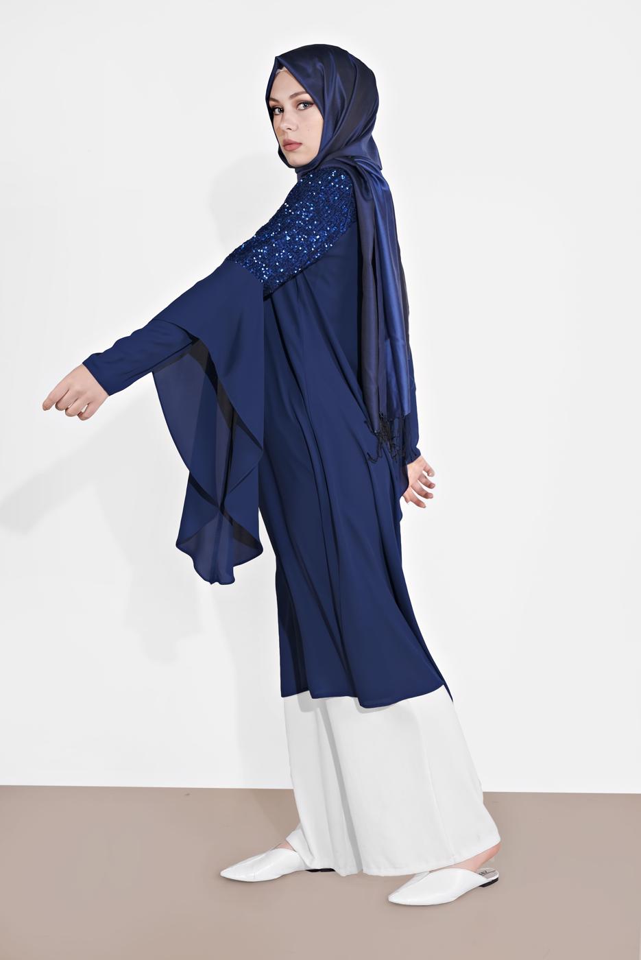 Tesettür giyim LACİVERT ALVİNA OMUZ KISMI PUL İŞLEMELİ ŞİFON TUNİK 4254