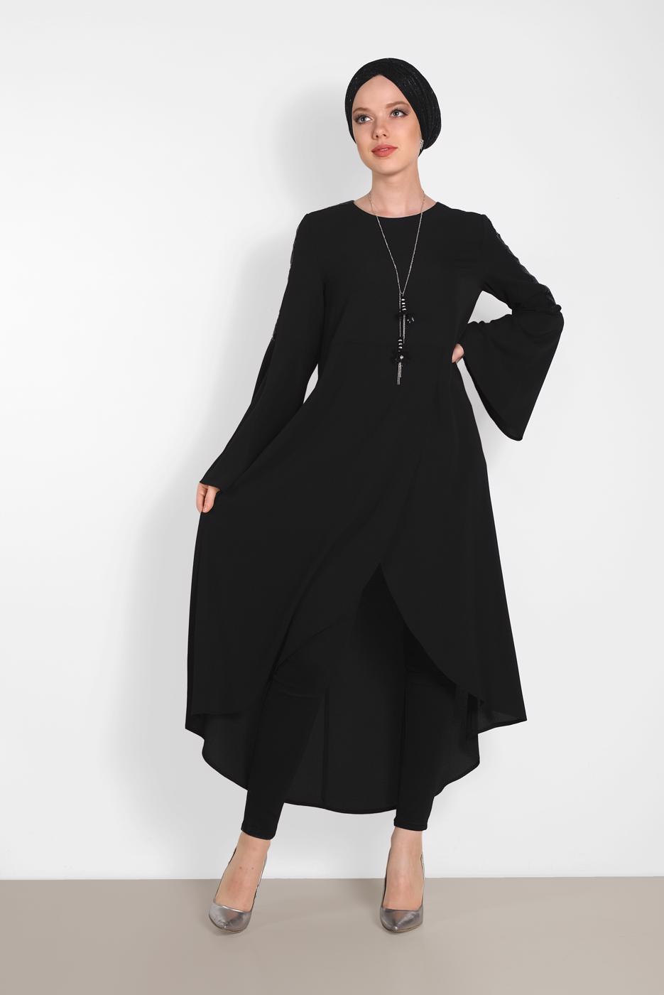 Tesettür giyim SİYAH ALVİNA PUL DETAYLI VOLANLI TUNİK 4262