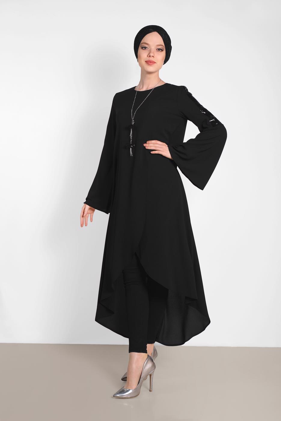 Tesettür giyim SİYAH ALVİNA PUL DETAYLI VOLANLI TUNİK 4262