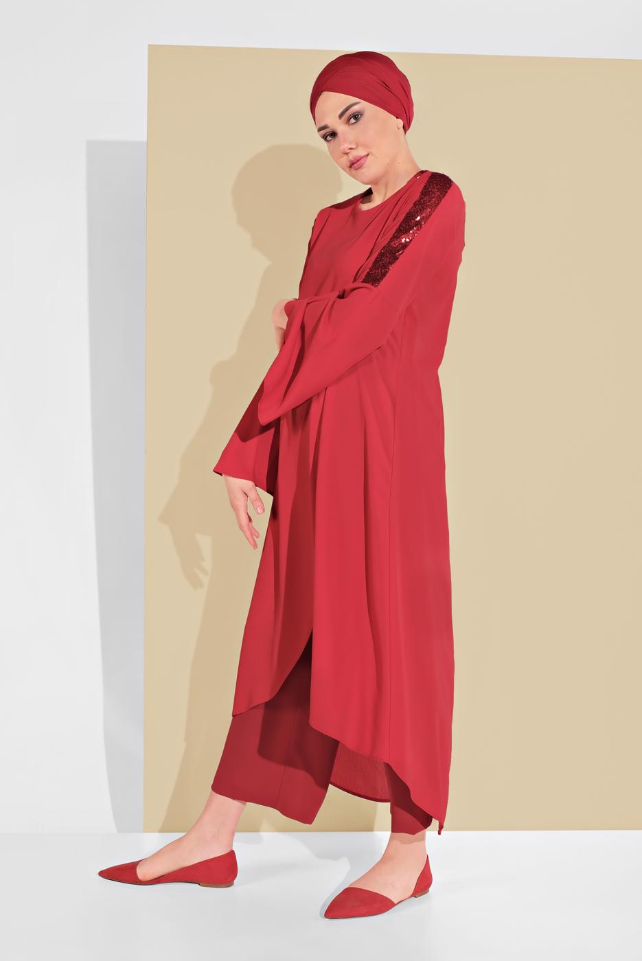 Tesettür giyim KIRMIZI ALVİNA PUL DETAYLI VOLANLI TUNİK 4262