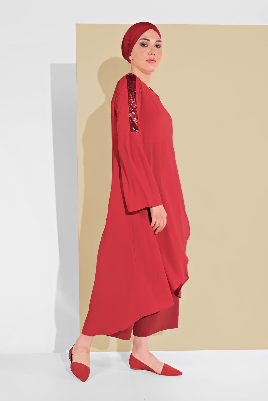 Tesettür giyim KIRMIZI ALVİNA PUL DETAYLI VOLANLI TUNİK 4262
