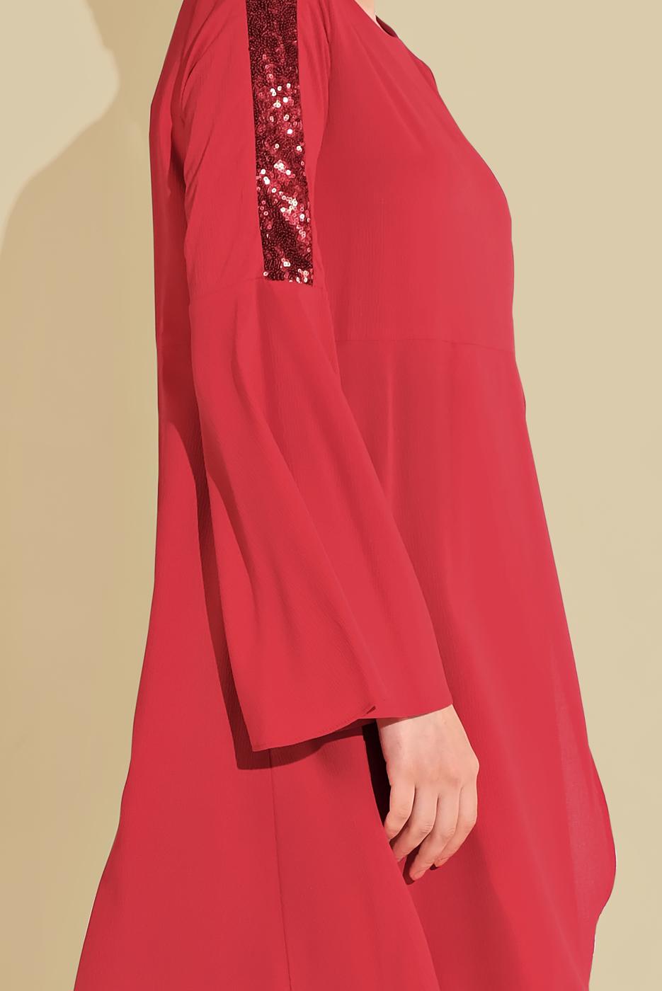 Tesettür giyim KIRMIZI ALVİNA PUL DETAYLI VOLANLI TUNİK 4262