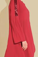 Tesettür giyim KIRMIZI ALVİNA PUL DETAYLI VOLANLI TUNİK 4262