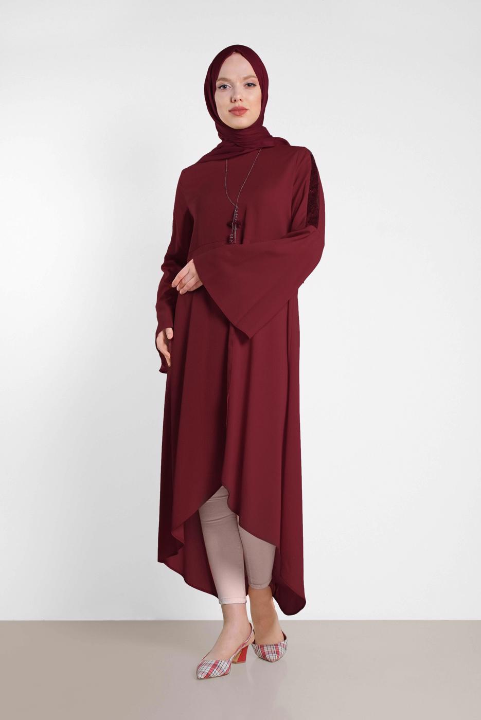 Tesettür giyim BORDO ALVİNA PUL DETAYLI VOLANLI TUNİK 4262