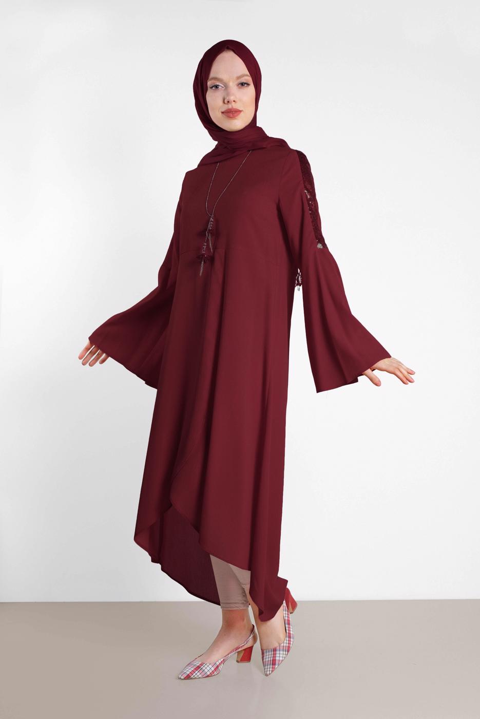 Tesettür giyim BORDO ALVİNA PUL DETAYLI VOLANLI TUNİK 4262