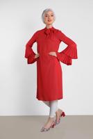 Tesettür giyim KIRMIZI ALVİNA KOL KISMI PİLELİ TUNİK 4285