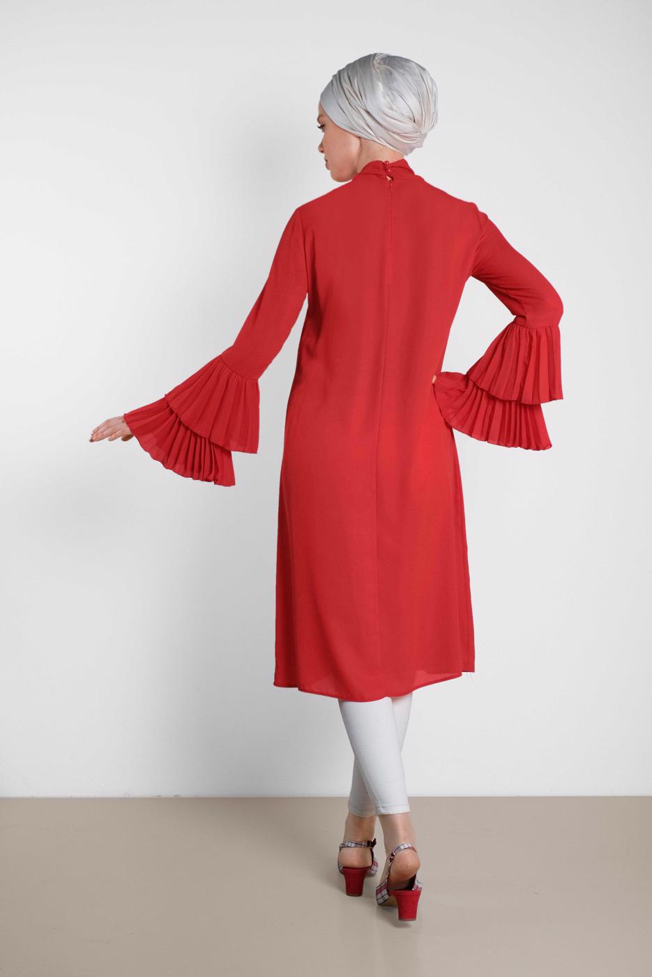 Tesettür giyim KIRMIZI ALVİNA KOL KISMI PİLELİ TUNİK 4285