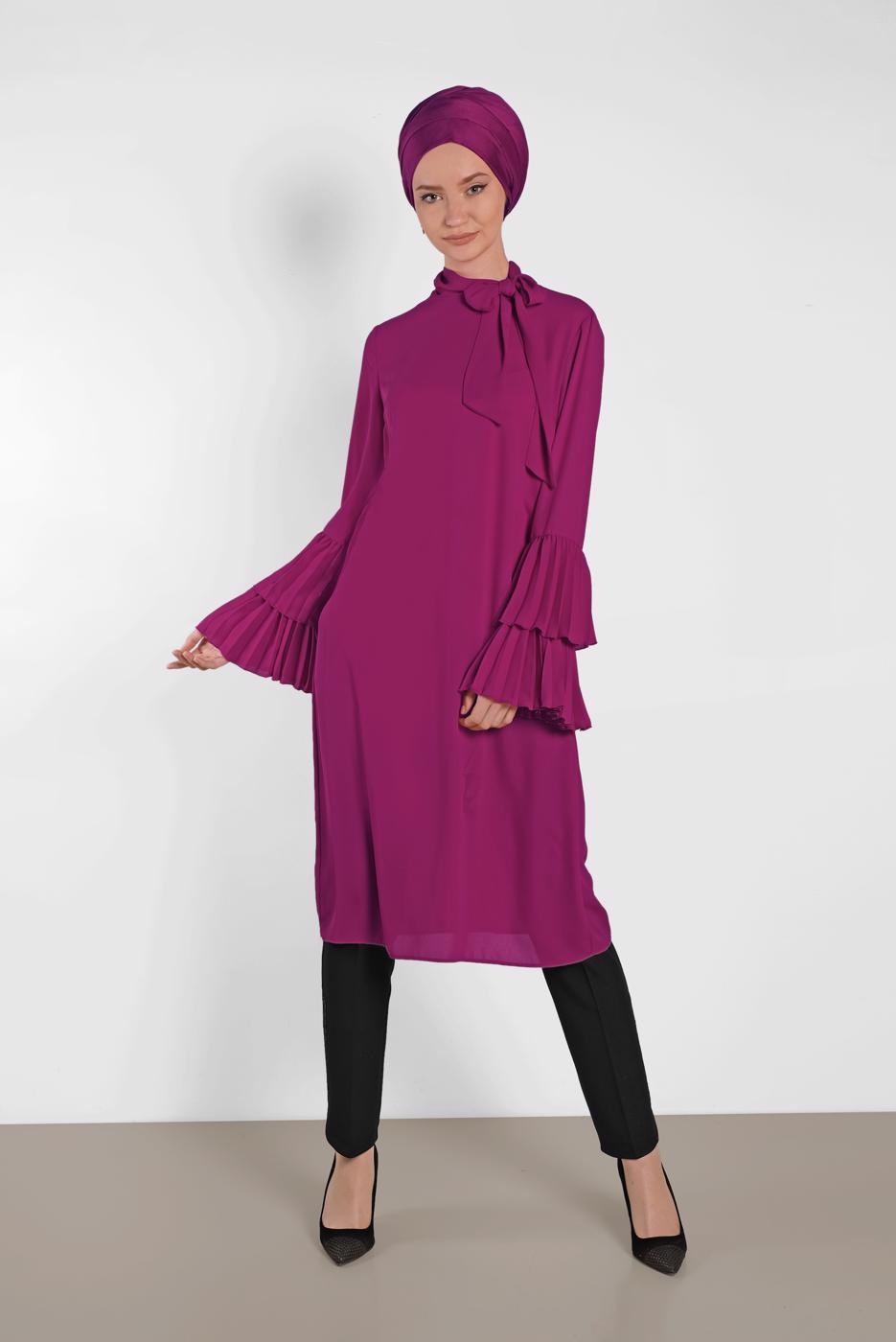 Tesettür giyim MOR ALVİNA KOL KISMI PİLELİ TUNİK 4285